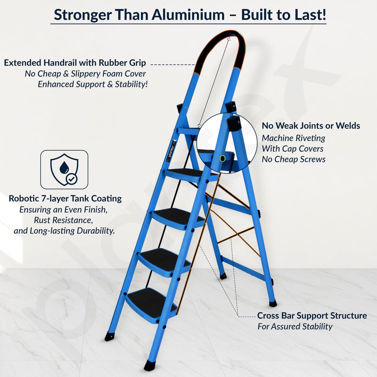 Plantex Ladder for Home - Premium Steel Foldable 5-Step Ladder - Anti Skid Strong Steps with 5 Years Manufacturer Warranty (Blue & Black)-6