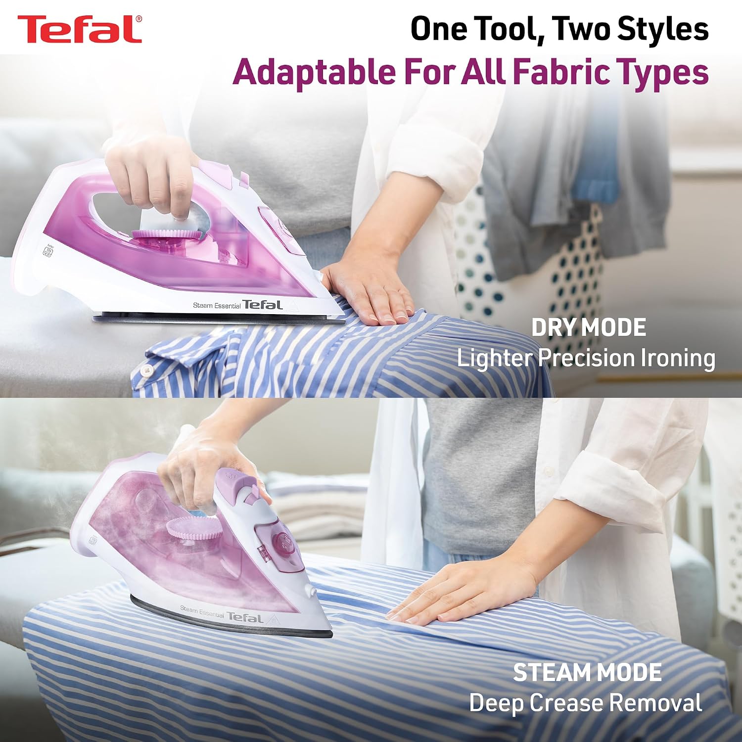 Tefal Pink Steam Essential Iron | 1200 Watts Lightweight Steam Iron with Non-Stick Soleplate | Continuous Steam Boost | Vertical Steaming | No.1 Ironing Brand in Europe | 2-Year Warranty
