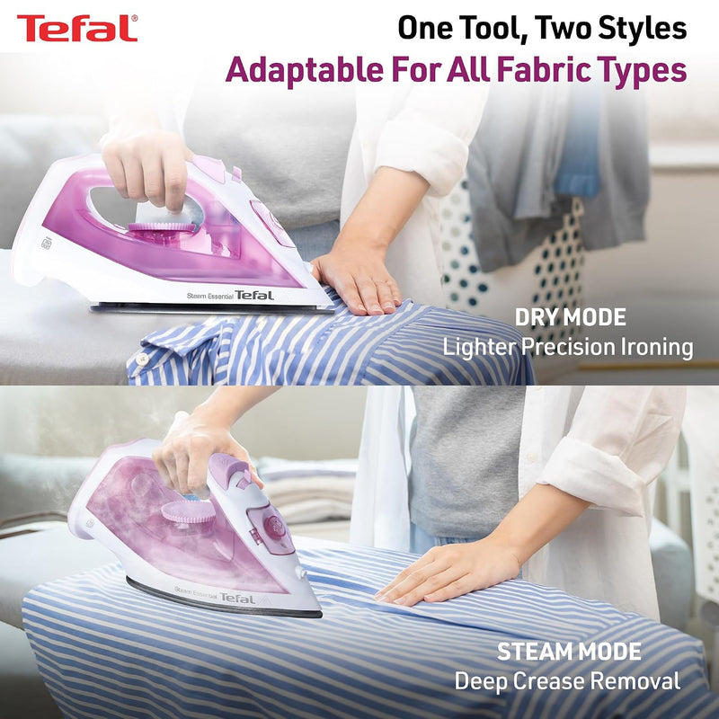 Tefal Pink Steam Essential Iron | 1200 Watts Lightweight Steam Iron with Non-Stick Soleplate | Continuous Steam Boost | Vertical Steaming | No.1 Ironing Brand in Europe | 2-Year Warranty