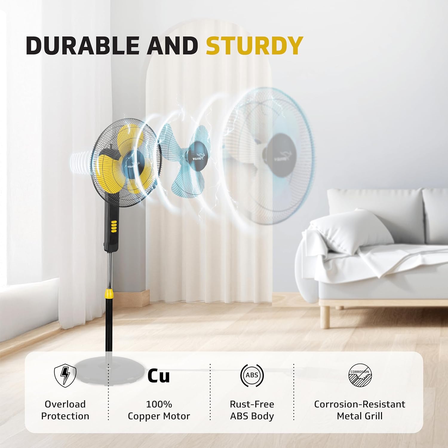 V-Guard Esfera STS Plus Neo Pedestal Cum Table Fan | Versatile 2-In-1 Operation | 1350 RPM Motor | Customisable Tilt And Oscillation Control | Yellow Black | 40 cm (400mm)