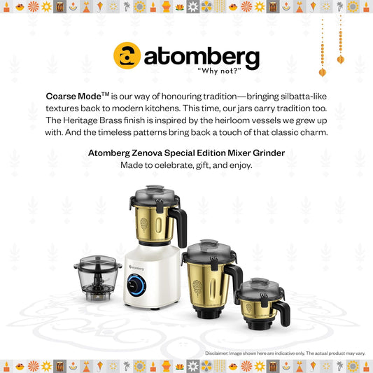 Atomberg Zenova Special Edition Mixer Grinder | Unique Coarse Mode for Silbatta-like Texture | BLDC Motor | Safety Features | 4 Jars including Chopper| Hands-Free Operation| Heritage Brass Pearl White