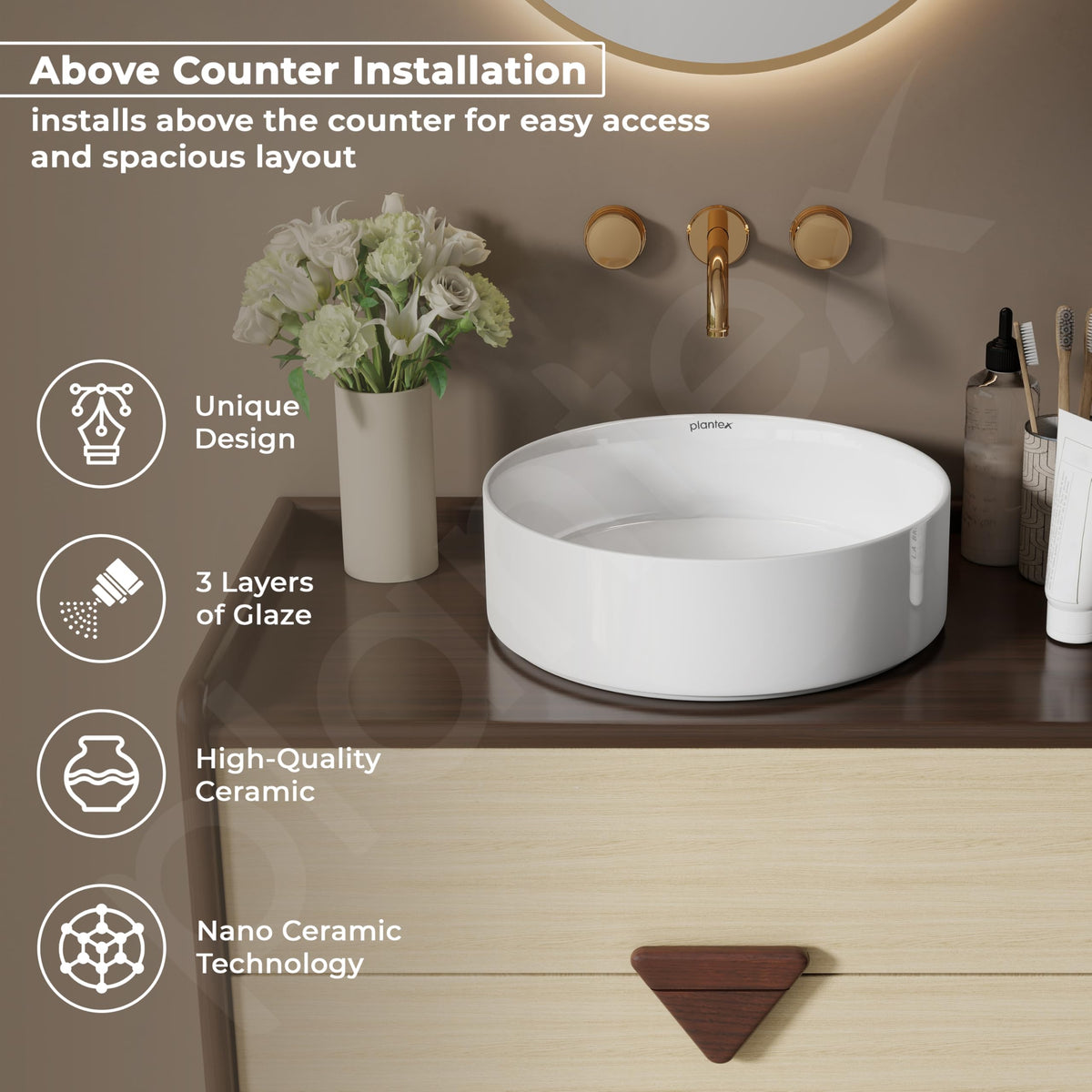 Plantex Ceramic Table Top Wash Basin For Bathroom/Table Top Washbasin with 10 Years Glaze Warranty by Plantex/Round Countertop Vessel Sink Basin For Home/Office/Hotel (14.5 X 14.5 X 5Inch-RUBY-White)-2
