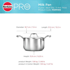 Hawkins 3 Litre Pro TriPly Stainless Steel Milk Pan with Stainless Steel Lid, Milk Pot, Sauce Pan, Silver (PSMP30S)