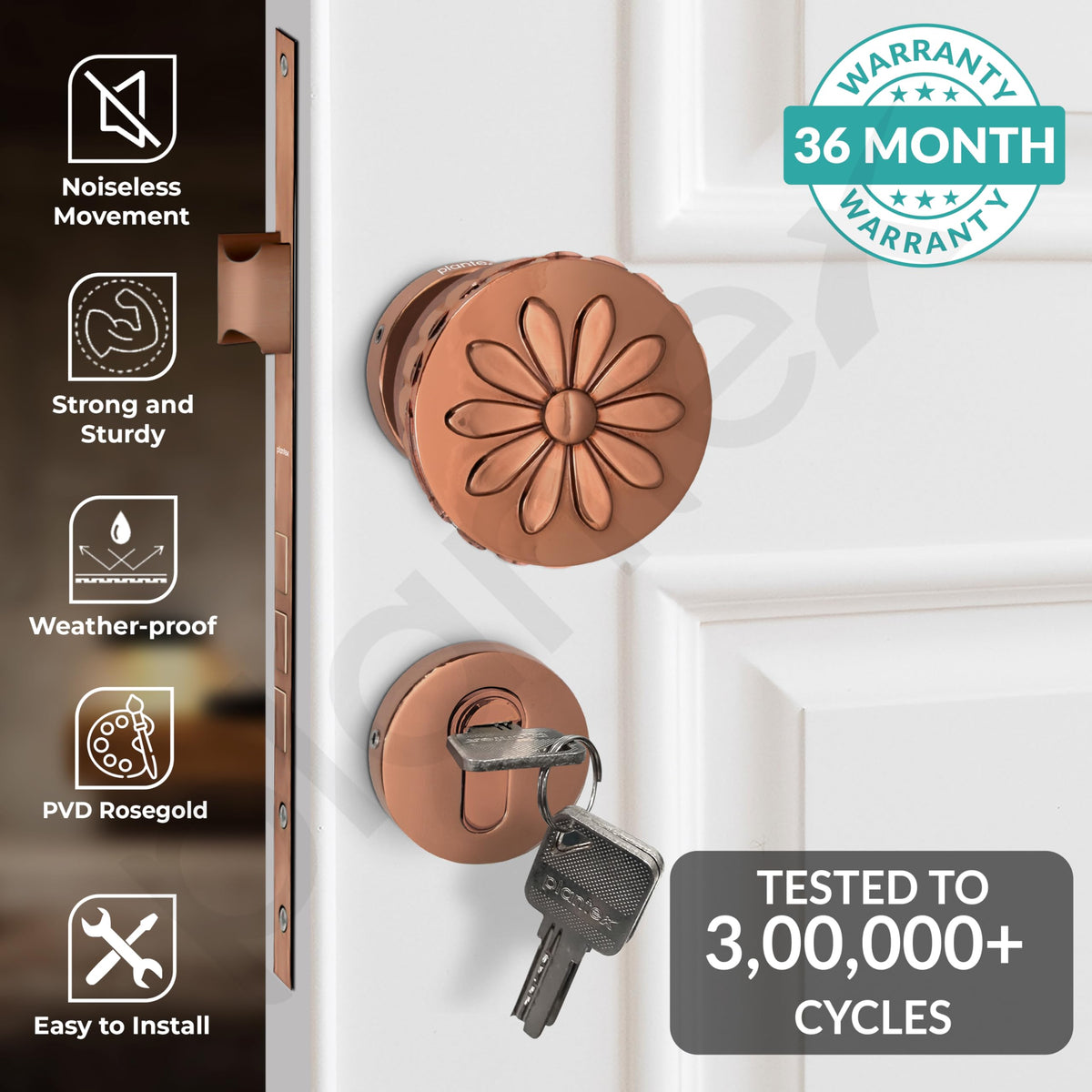 Plantex Heavy Duty Door Lock/Main Door Mortise Lock Handle/Handle Set for Home/Office/Door Accessories (Rose Gold)-2