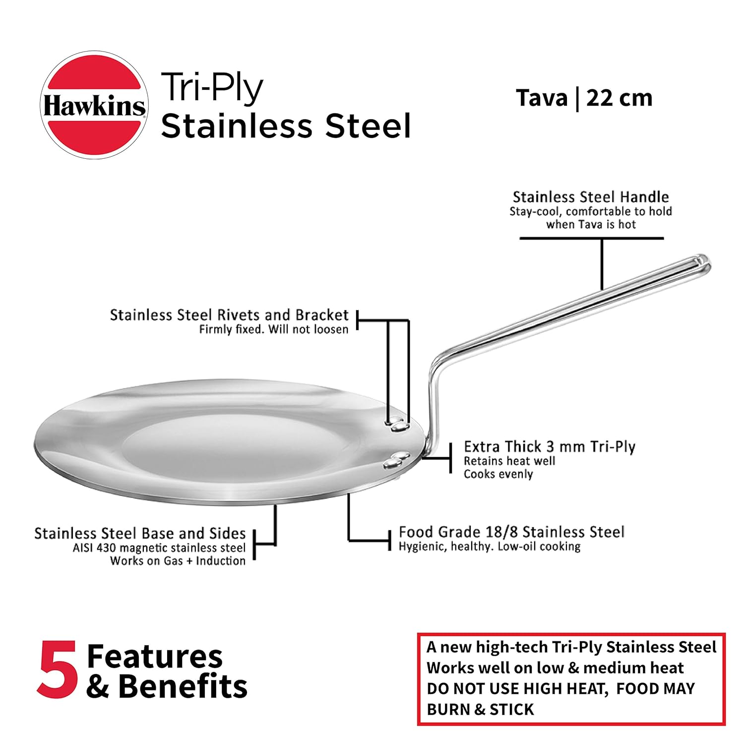 Hawkins Tri-Ply Stainless Steel Tava 22 cm, 3.5mm Induction Compatible