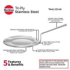 Hawkins Tri-Ply Stainless Steel Tava 22 cm, 3.5mm Induction Compatible
