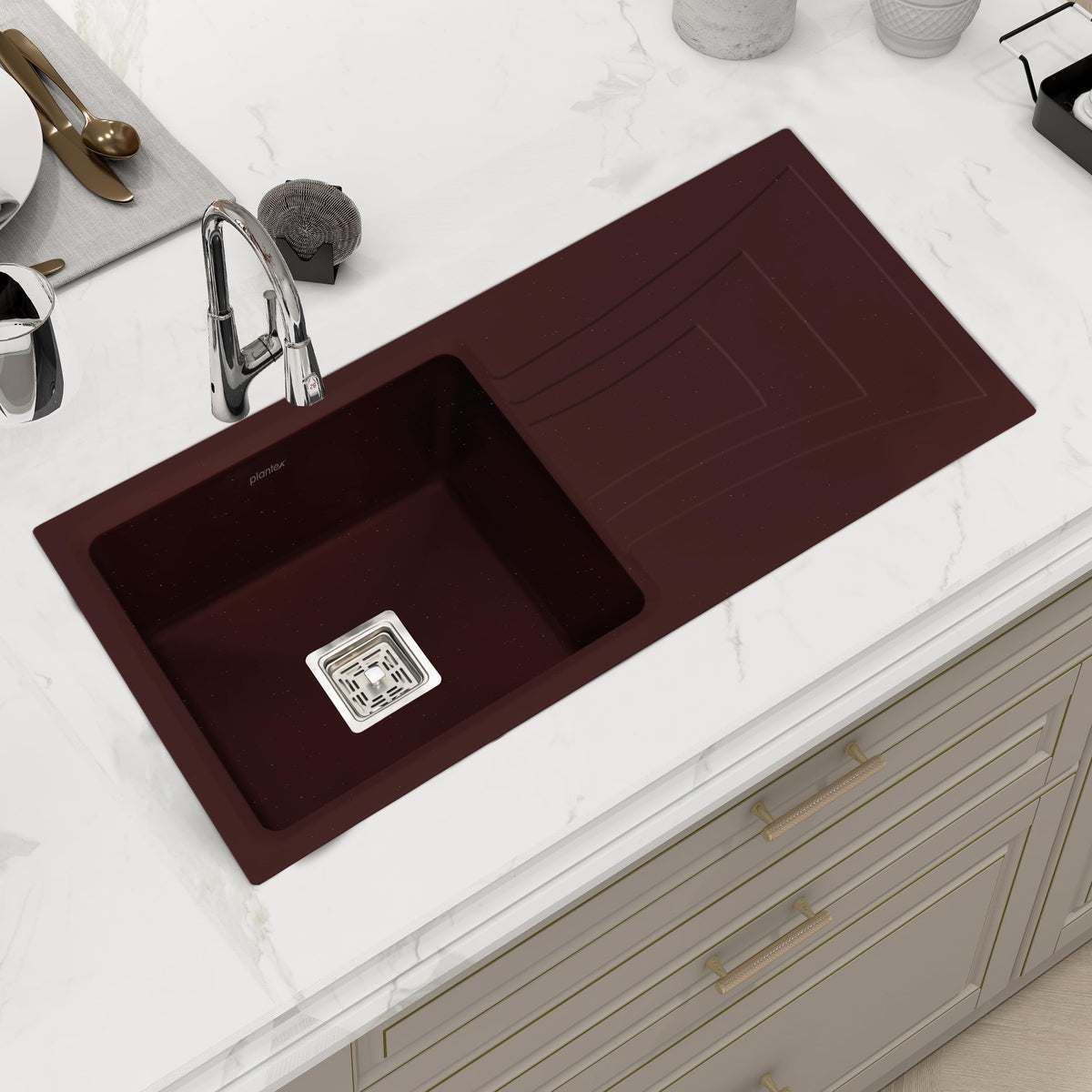 Plantex Quartz Matt Kitchen Sink/UV Protected Kitchen Sink/Undermount Sink for Kitchen/Metalic Single Bowl Sink with Coupling and Hose Pipe - Pack of 1 (36 x 18 inch, Choco Brown)