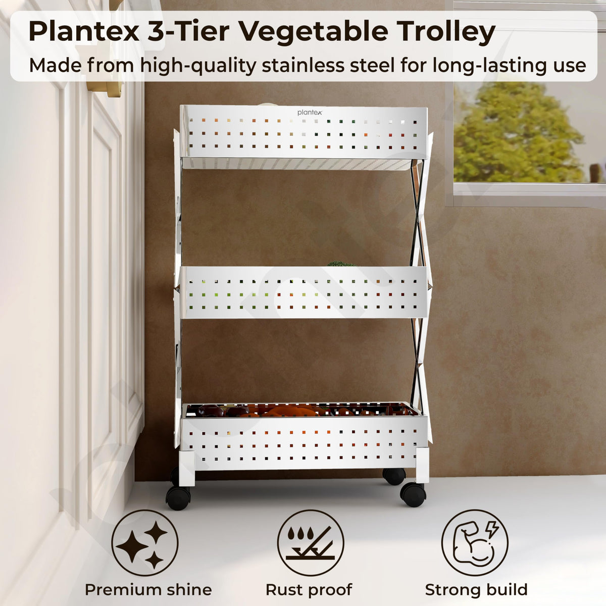 Plantex 3-Tier Vegetable Rack for Kitchen Trolley/Basket for Kitchen Storage/Stainless Steel Multipurpose Storage Fruit,Onion, Potato Storage Stand/Heavy Duty Rolling Utility Cart(Chrome)-3