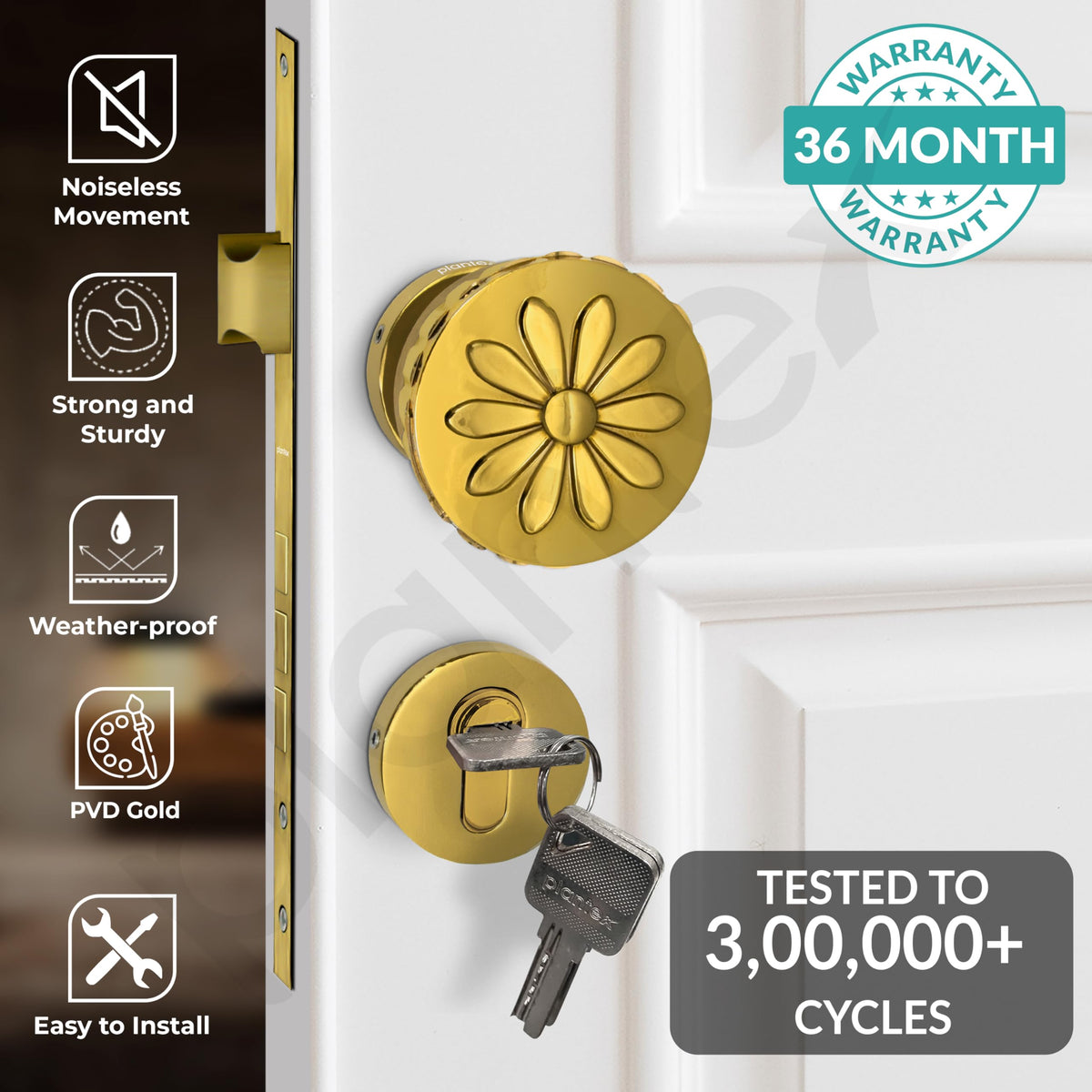 Plantex Heavy Duty Door Lock/Main Door Mortise Lock Handle/Handle Set for Home/Office/Door Accessories (Gold)-2