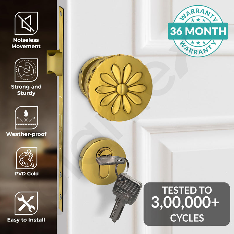 Plantex Heavy Duty Door Lock/Main Door Mortise Lock Handle/Handle Set for Home/Office/Door Accessories (Gold)-2
