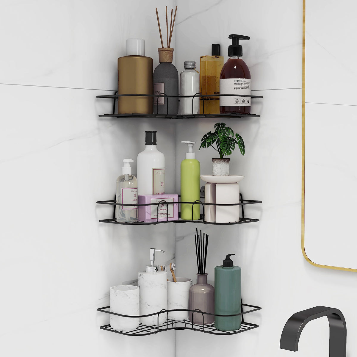 Plantex Corner Shelf for Bathroom Wall/No Drill Bathroom Organiser/Corner Shelf for Kitchen/Kitchen Organiser Rack (Black, Alloy Steel) - Pack of 3-1