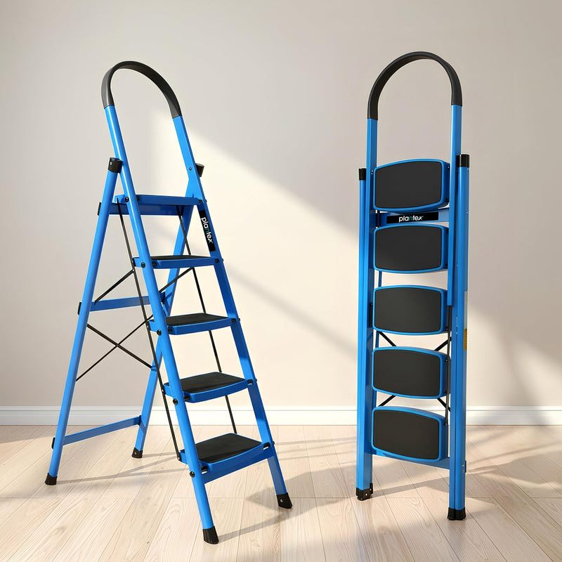 Plantex Premium 4 Step Steel Ladder/Ladder for Home/Wide Anti-Skid Wide Step Ladder/Capacity Upto 150 Kg (Blue & Black)
