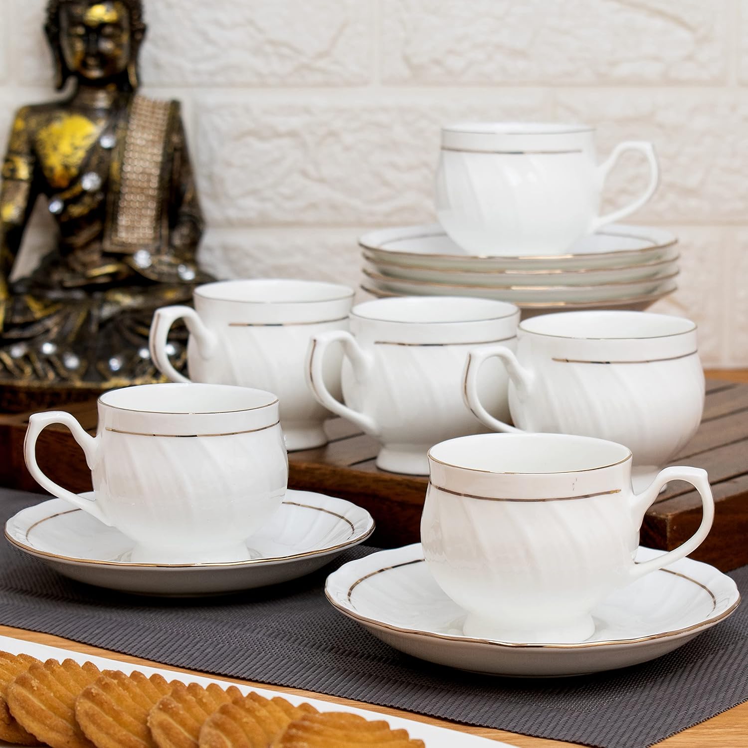 Clay Craft Ceramic Tea Cup Set Kareena with 22K Gold Lines, Special for Drink Tea, Coffee, Latte, Set of 6, White, 180 ml
