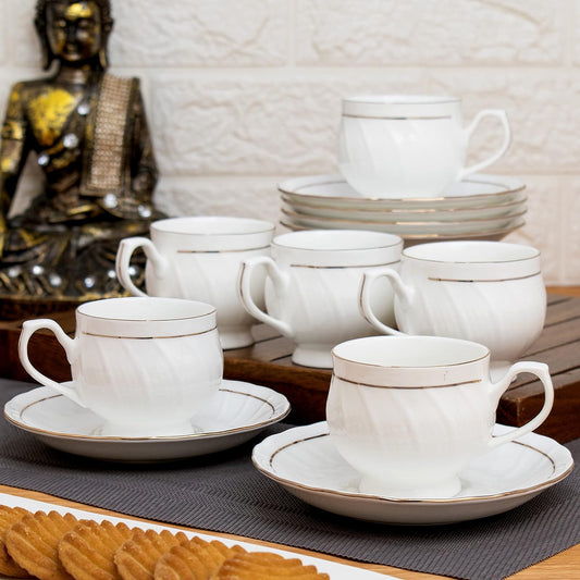 Clay Craft Ceramic Tea Cup Set Kareena with 22K Gold Lines, Special for Drink Tea, Coffee, Latte, Set of 6, White, 180 ml