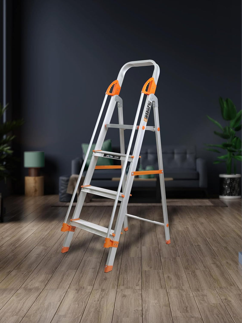 Plantex Secura 4 Step Ladder for Home/Aluminium Foldable Ladder with Safe Hand Rail (Orange-Chrome)