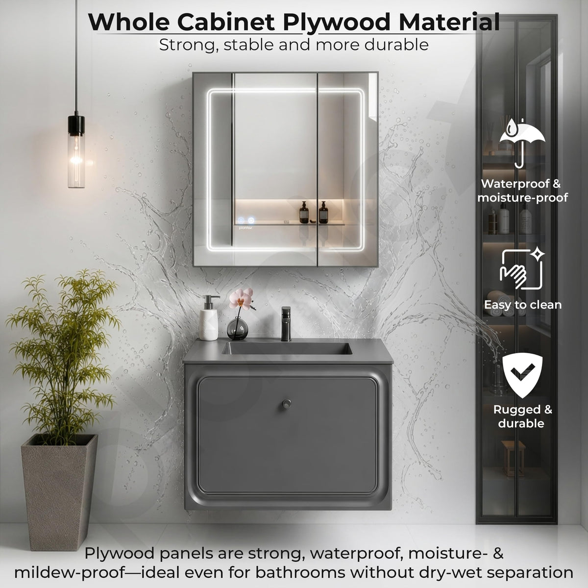 Plantex Wall Mount Vanity Cabinet with Washbasin and Mirror/Rectangular Basin with Cabinet for Bathroom - (Cryston-800, Grey)-2