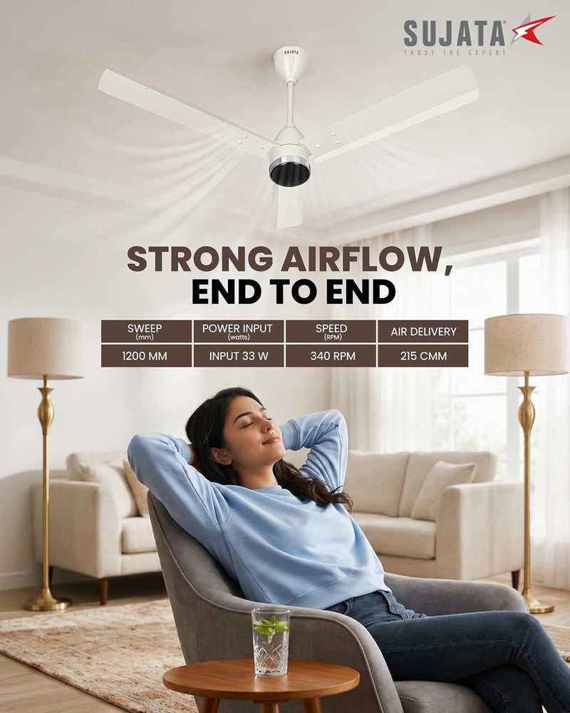 Sujata Slim Air BLDC 1200 mm Ceiling Fan with Remote | 5 Star - Pearl White Chrome