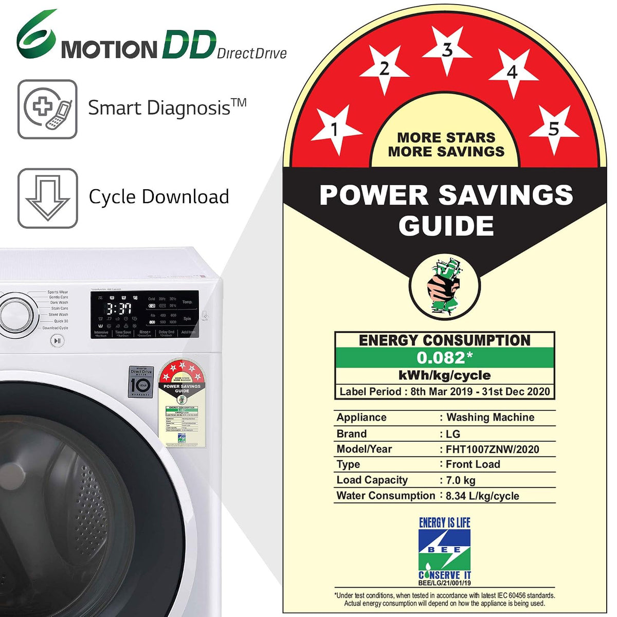 LG 7.0 kg 5 Star Inverter Fully-Automatic Front Loading Washing Machine (FHT1007ZNW, White, 6 Motion Direct Drive)-5