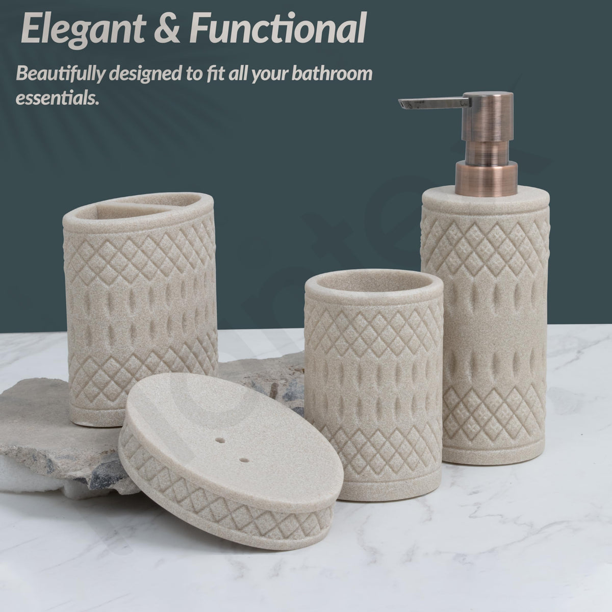 Plantex Resin Bathroom Accessories Set/Soap Holder for Bathroom/Toothbrush Holder/Tumbler Holder/Liquid Soap Dispenser -4 Piece (Beige)-6
