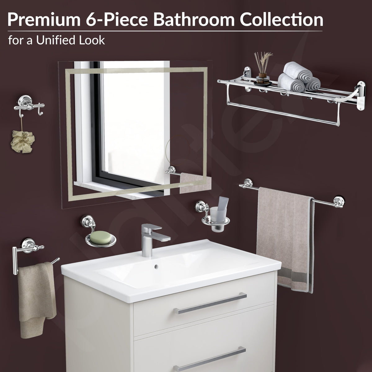 Plantex Bathroom Set - Stainless Steel Folding Towel Rack with 304 Grade Skyllo Bathroom Accessories Set of 5 - Towel Rod/Napkin Ring/Tumbler Holder/Soap Holder/Robe Hook - Combo (Chrome)-3