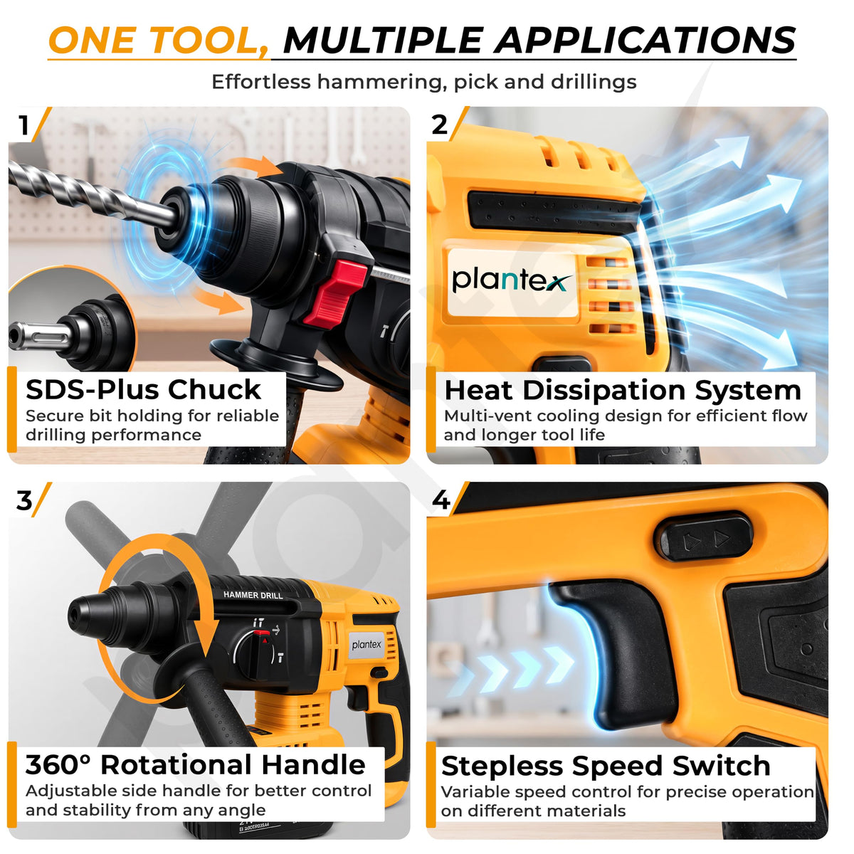Plantex Cordless Rotary Hammer Drill 21V/Brushless Motor/600W/26mm Chuck/4500 BPM/Heavy Duty Hammer Drill with 2 Batteries, Charger & Carrying Case Yellow (APS-H003)-3