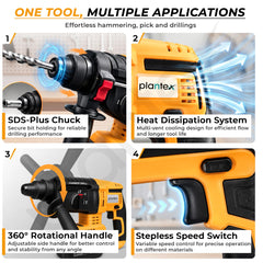 Plantex Cordless Rotary Hammer Drill 21V/Brushless Motor/600W/26mm Chuck/4500 BPM/Heavy Duty Hammer Drill with 2 Batteries, Charger & Carrying Case Yellow (APS-H003)-3