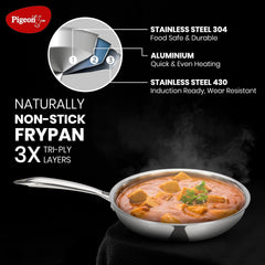 Pigeon Elite Stainless Steel Triply Fry Pan 22 cm, Gas Stove and Induction Compatible for Fast Cooking and Longer Heat R