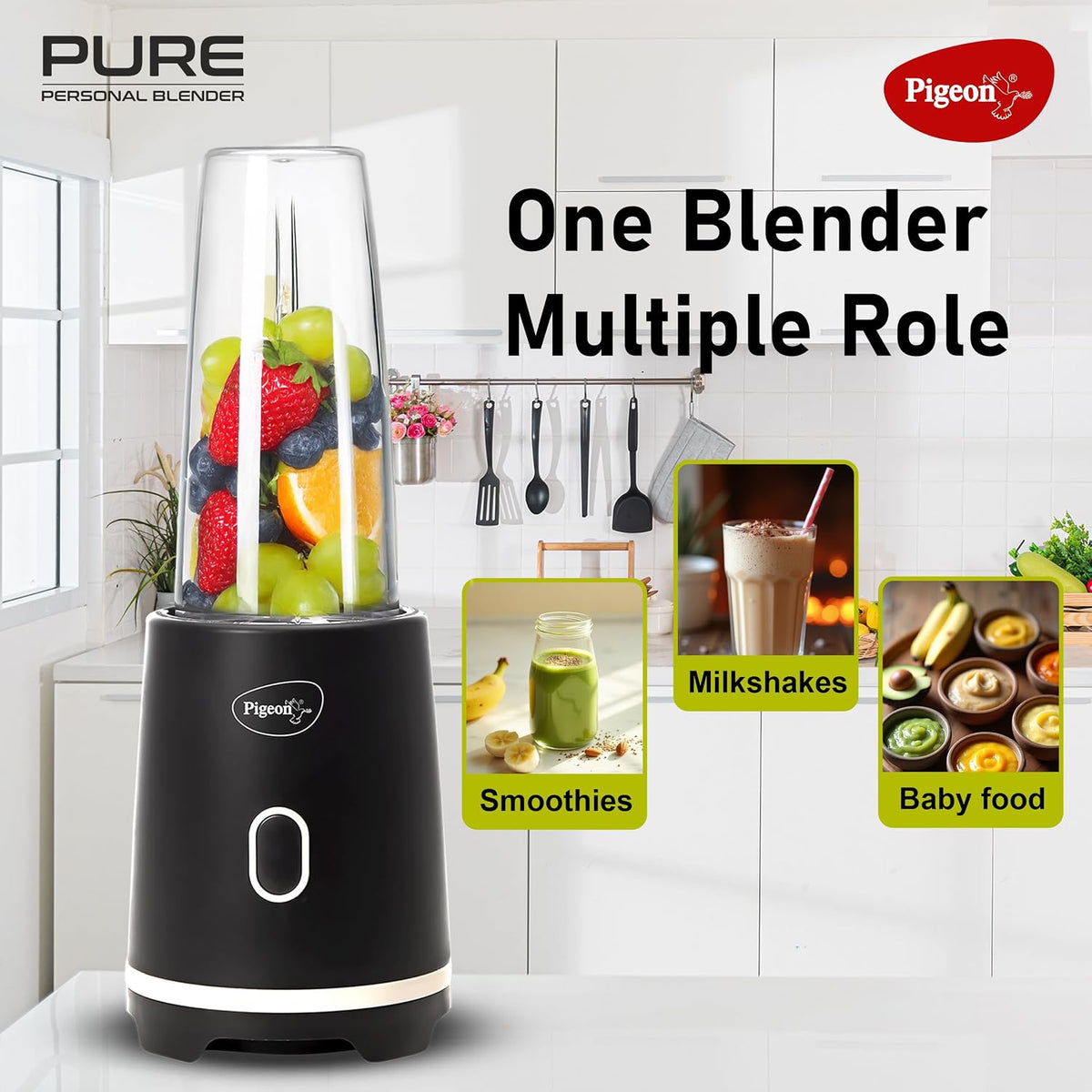 Pigeon by Stovekraft Pure | Grinder Juicer Blender Smoothie Maker All-in-1 Machine | 300 Watt | 1 Jars- Multiuse Jar 500