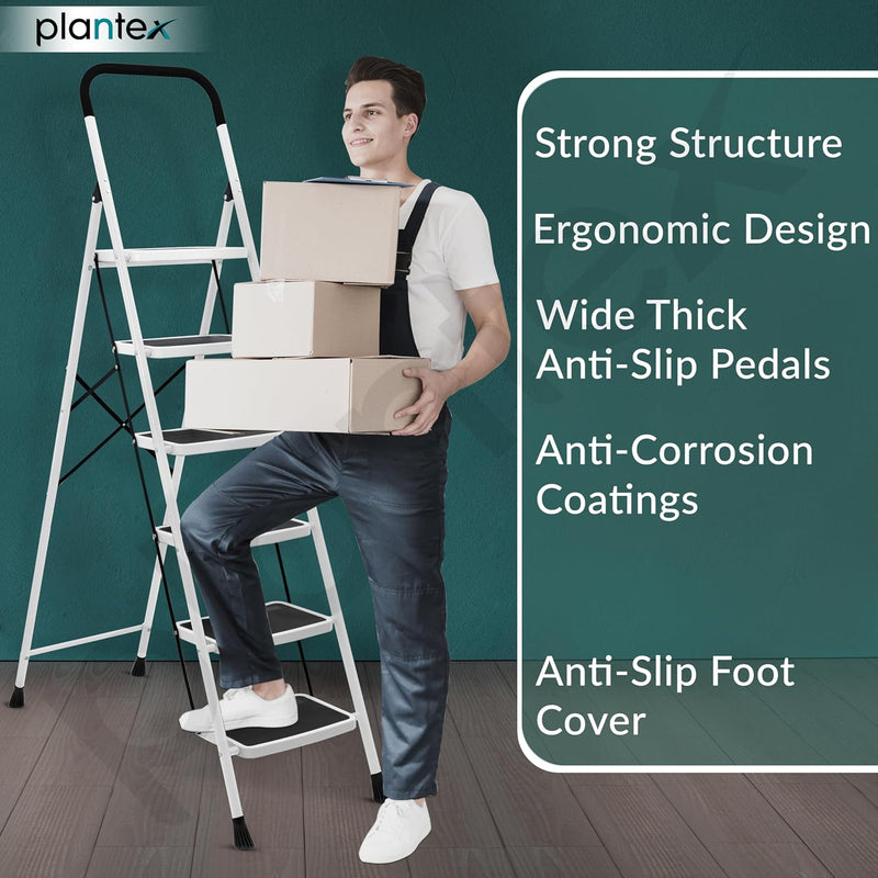 Plantex Alloy Steel 6 Step Ladder For Home/Foldable Strong Wide Step Ladder/Anti- Skid 6 Step Ladder - (White & Black)