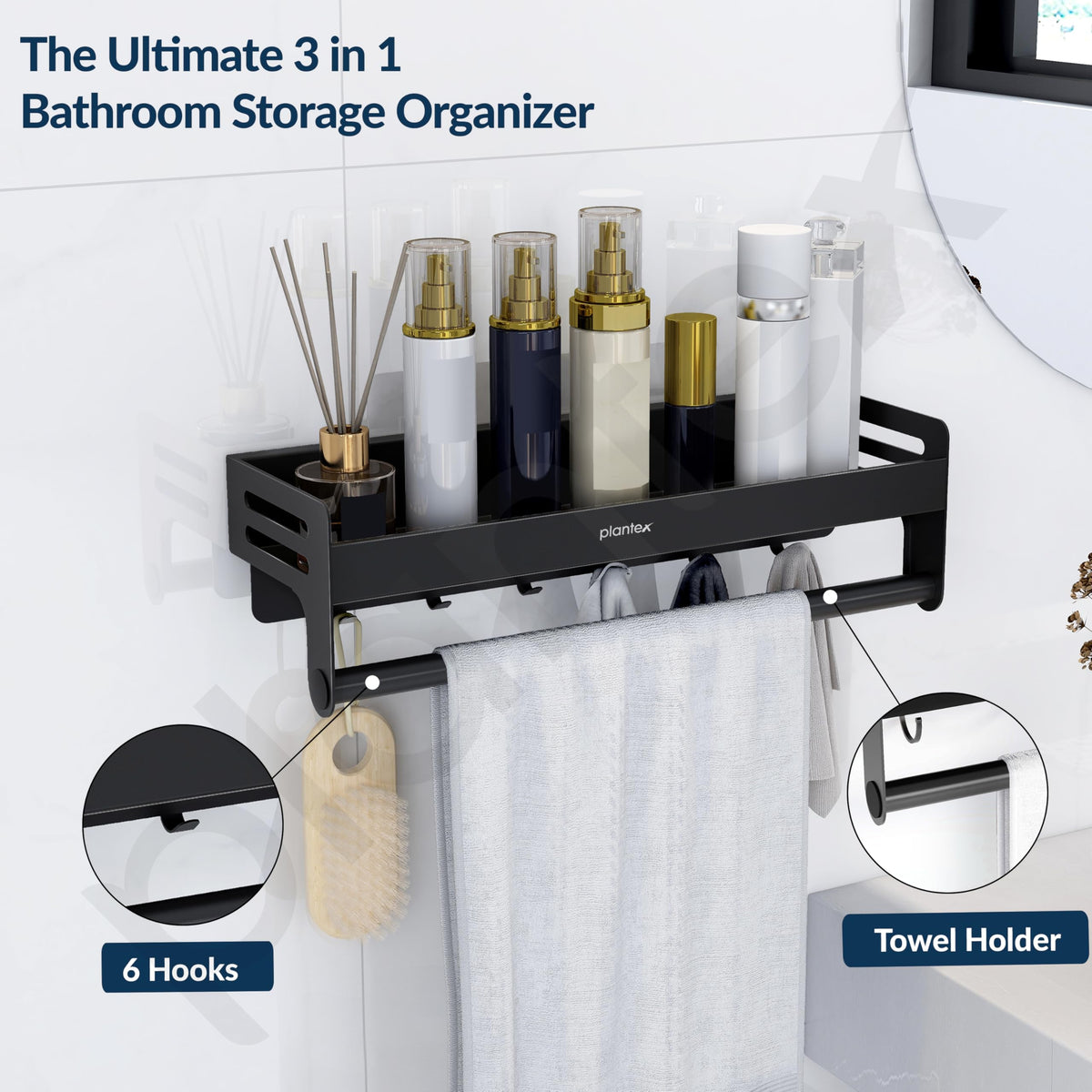 Plantex Aluminium Self Adhesive Bathroom Shelf with Towel Rod and Movable Hooks/Rack Shelf for Bathroom/Kitchen Shelf Organizer (Black)-3