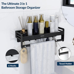 Plantex Aluminium Self Adhesive Bathroom Shelf with Towel Rod and Movable Hooks/Rack Shelf for Bathroom/Kitchen Shelf Organizer (Black)-3