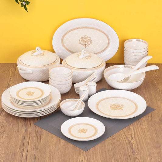 Clay Craft Fine Ceramic Premium Ripple Floral Dinner Set of 40 Pieces, 22K Gold Jaisalmer, for Family of 6, Dinner Set Ceramic, Dining Set for Dinner, Plates and Bowls Set, Crockery Set for Gift