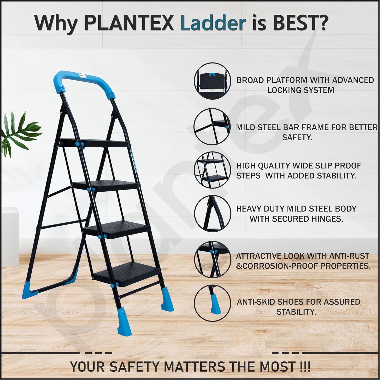 Plantex Stylo Heavy-Duty Mild-Steel Folding 4 Step Ladder for Home with Advanced Locking System/Wide Anti-Skid Step Ladder (Black & Blue)