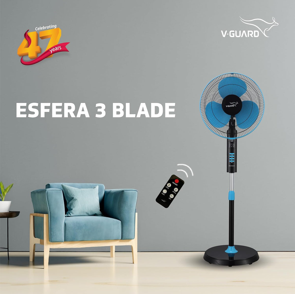 V-Guard Esfera 400 mm 3 Blade Pedestal Fan with Remote (Blue Black)