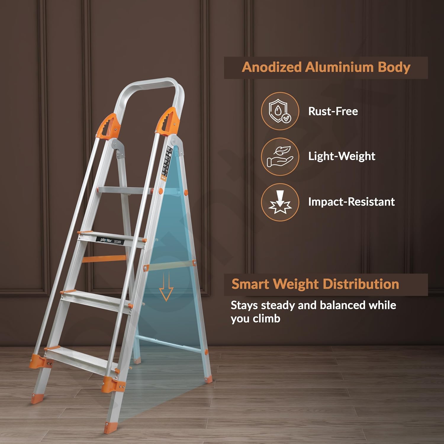 Plantex Secura 4 Step Ladder for Home/Aluminium Foldable Ladder with Safe Hand Rail (Orange-Chrome)