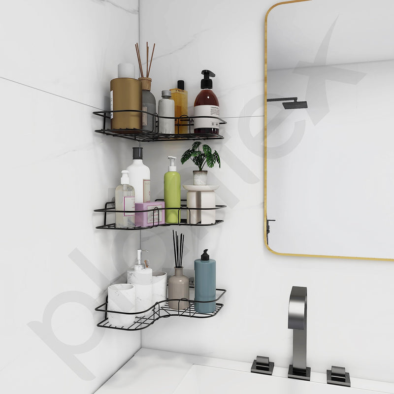 Plantex Corner Shelf for Bathroom Wall/No Drill Bathroom Organiser/Corner Shelf for Kitchen/Kitchen Organiser Rack (Black, Alloy Steel) - Pack of 3-2