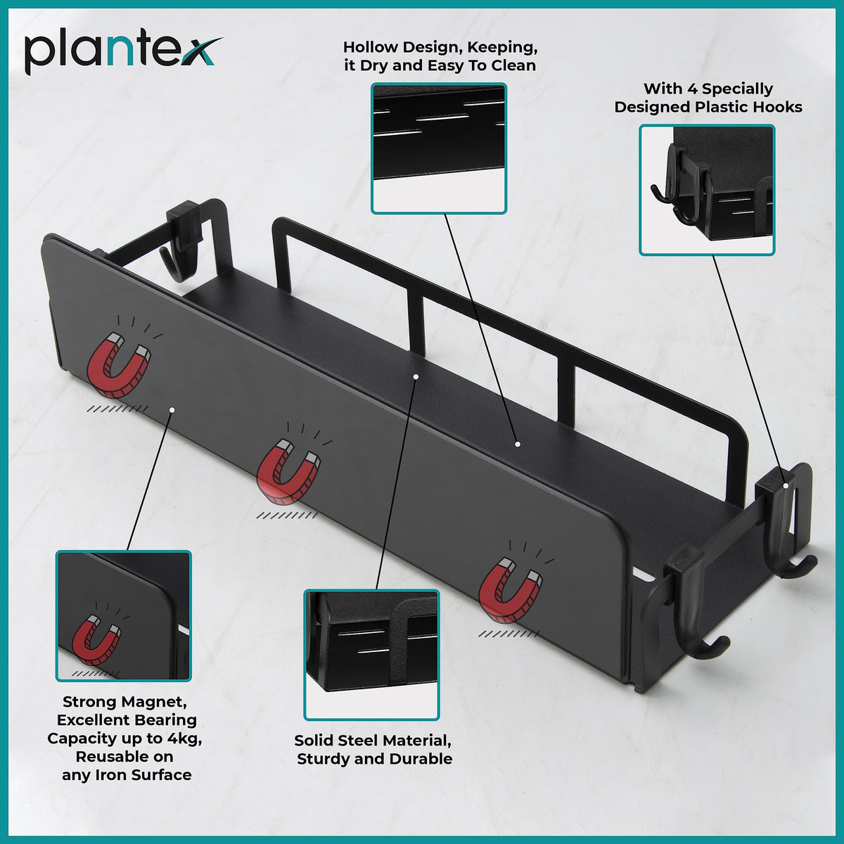 Plantex GI Steel Magnetic Storage Rack for Fridge/Side Storage Rack/Refrigerator Magnetic Shelf for Kitchen/Spice Rack - Pack of 1 (Black)