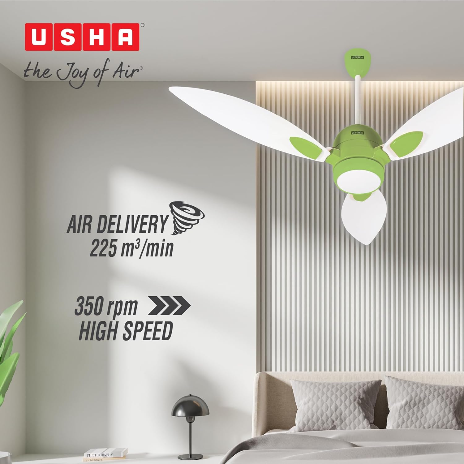 USHA New Bloom Series Sunspire Glow (Inspired by Sunflower) BLDC Ceiling Fan with Underlight with 3 Modes | RF Remote | Whisper-Quiet | Dust-Resistant (White & Light Green)