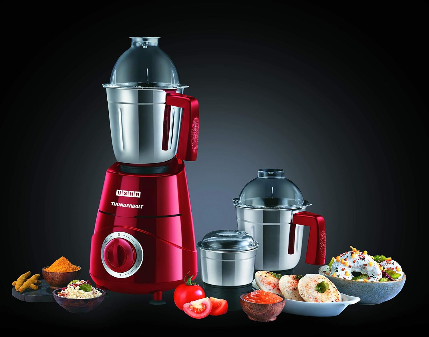 USHA Thunderbolt 800-Watt Copper Motor Mixer Grinder with 3 Jars and 5 Years Motor Warranty(Red) & USHA Armor AR1100WB 1100 W Dry Iron with Black Weilburger Soleplate (Purple)
