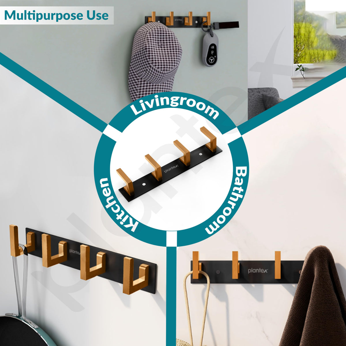 Plantex Aluminum Hook Rail with L-Shape Hook for Clothes Hanging/Hook Rail Bar for Clothes/Towel/Keys -Pack of 3 (4 Hooks/Black & Gold)-5