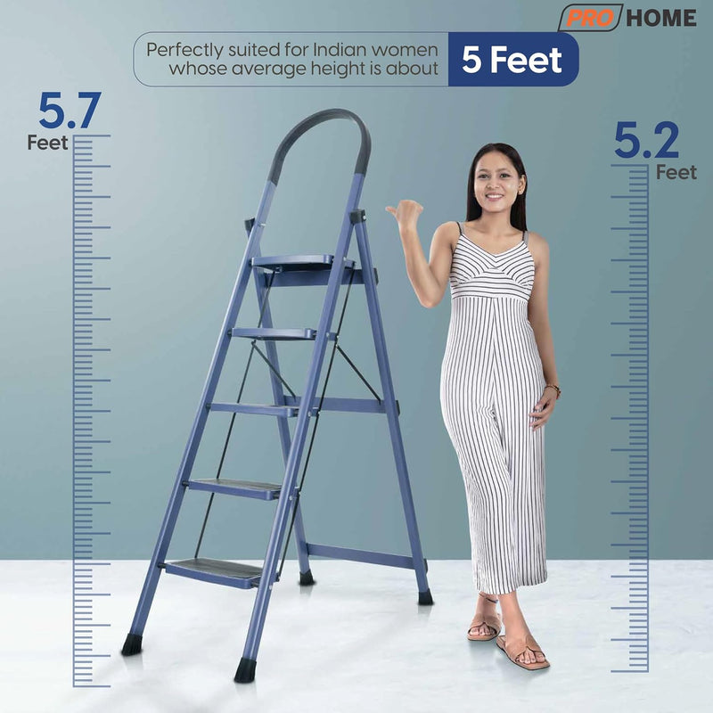 PROHOME Steel Ladder for Home 5 Steps Foldable with Anti-Skid Wide Steps (30cm x 20cm) | 5 Step Ladder for Home Use with D-Shape Rods | Secure Lock | 170 Kg Capacity Folding Ladder | 5 Year Warranty