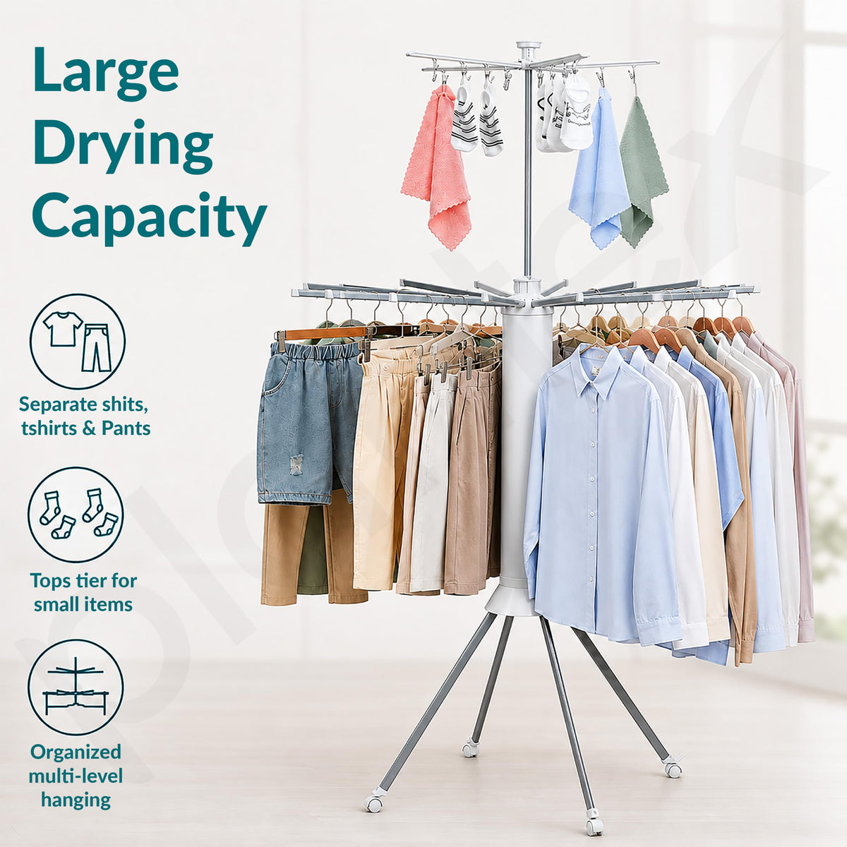 Plantex Cloth Stand for Home/Foldable Rotating Cloth Drying Rack/360‚° Cloth Stand with Lockable Wheel/Indoor & Outdoor Cloth Hanger - Pack of 1 (White)-3