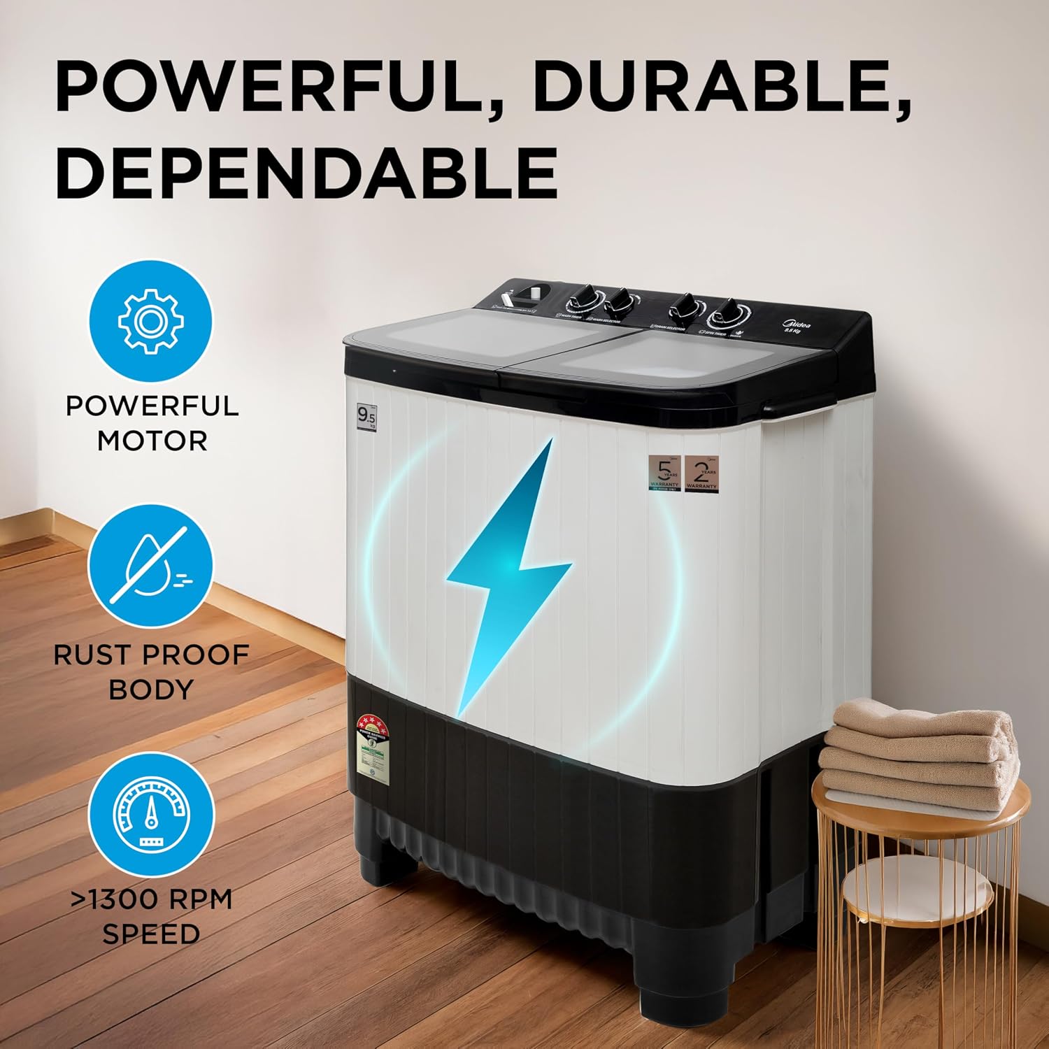 Midea 9.5 Kg 5 Star Toughened Glass Semi Automatic Top Load Washing Machine Black White (MWMSA095GPG(KW) Rust proof Body with 1300 RPM)