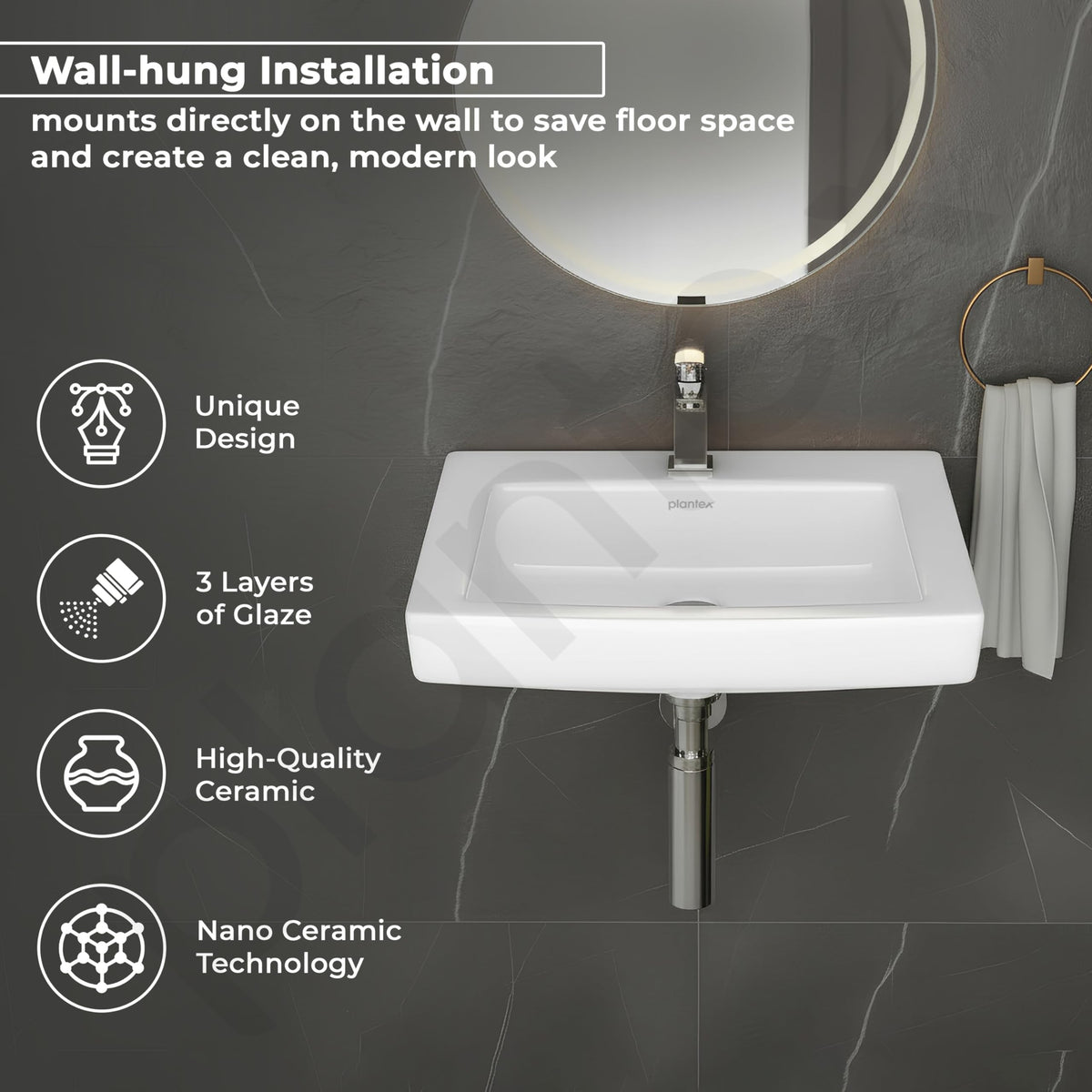 Plantex Ceramic Wall Hung Basin with 10 Years Glaze Warranty by Plantex/Washbasin for Bathroom/Wall Mounted Wash Basin/Sink for Living Room (Laric, White)-2