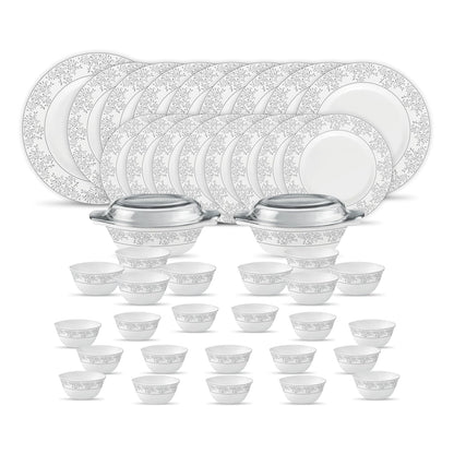 La Opala Diva Velvett Collection Opal Glass Crockery | for Family of 8 | Dinner Set 45 pcs Aria Grey | Plates & Bowls for Dining | Microwave Safe | 100% Vegetarian | Extra Strong | Light & White