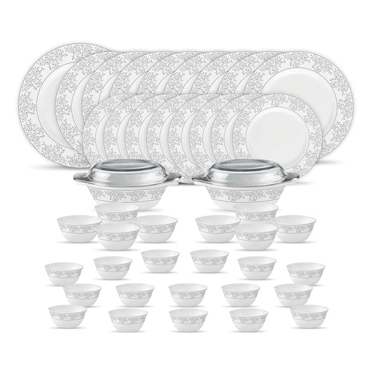 La Opala Diva Velvett Collection Opal Glass Crockery | for Family of 8 | Dinner Set 45 pcs Aria Grey | Plates & Bowls for Dining | Microwave Safe | 100% Vegetarian | Extra Strong | Light & White