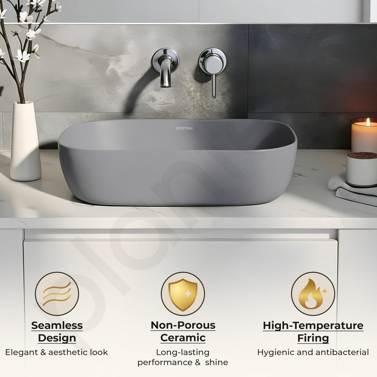 Plantex Ceramic Tabletop Washbasin/Bathroom Basin Sink/Basin for Bathroom/Wash Basin for Restaurant, Hotel (Matt Grey - 18 x 13 x 5 Inch)-5