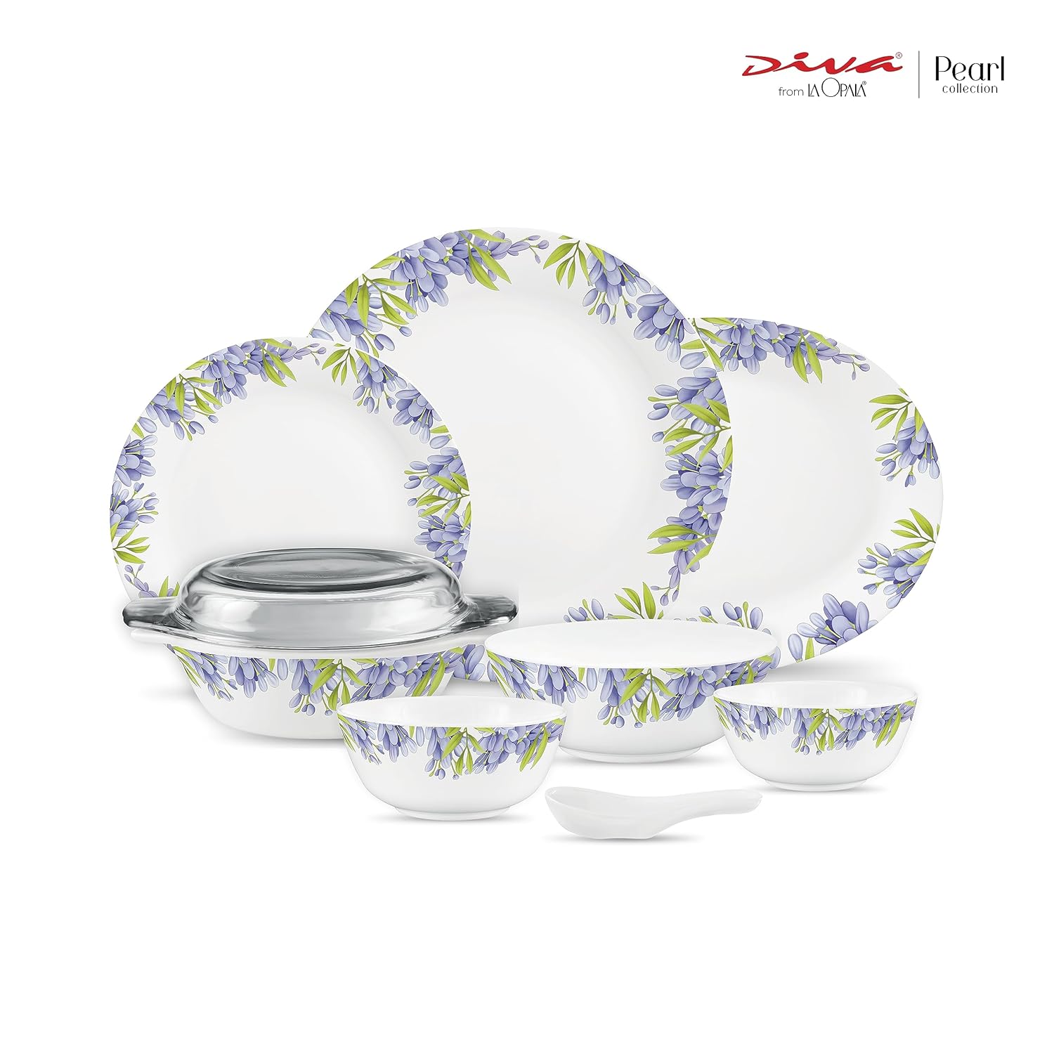 Diva by La Opala, Pearl Collection, Opal Glass Dinner Set 47 pcs, Lively Hues, White
