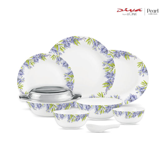 Diva by La Opala, Pearl Collection, Opal Glass Dinner Set 47 pcs, Lively Hues, White