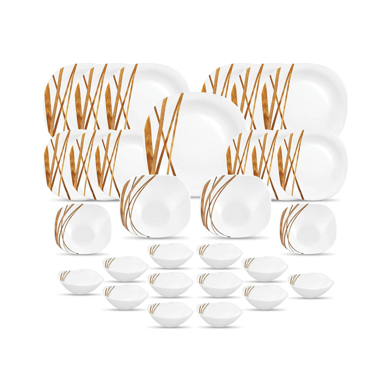 La Opala Diva, Quadra Collection, Opal Glass Dinner Set 29 pcs, Golden Shades, White